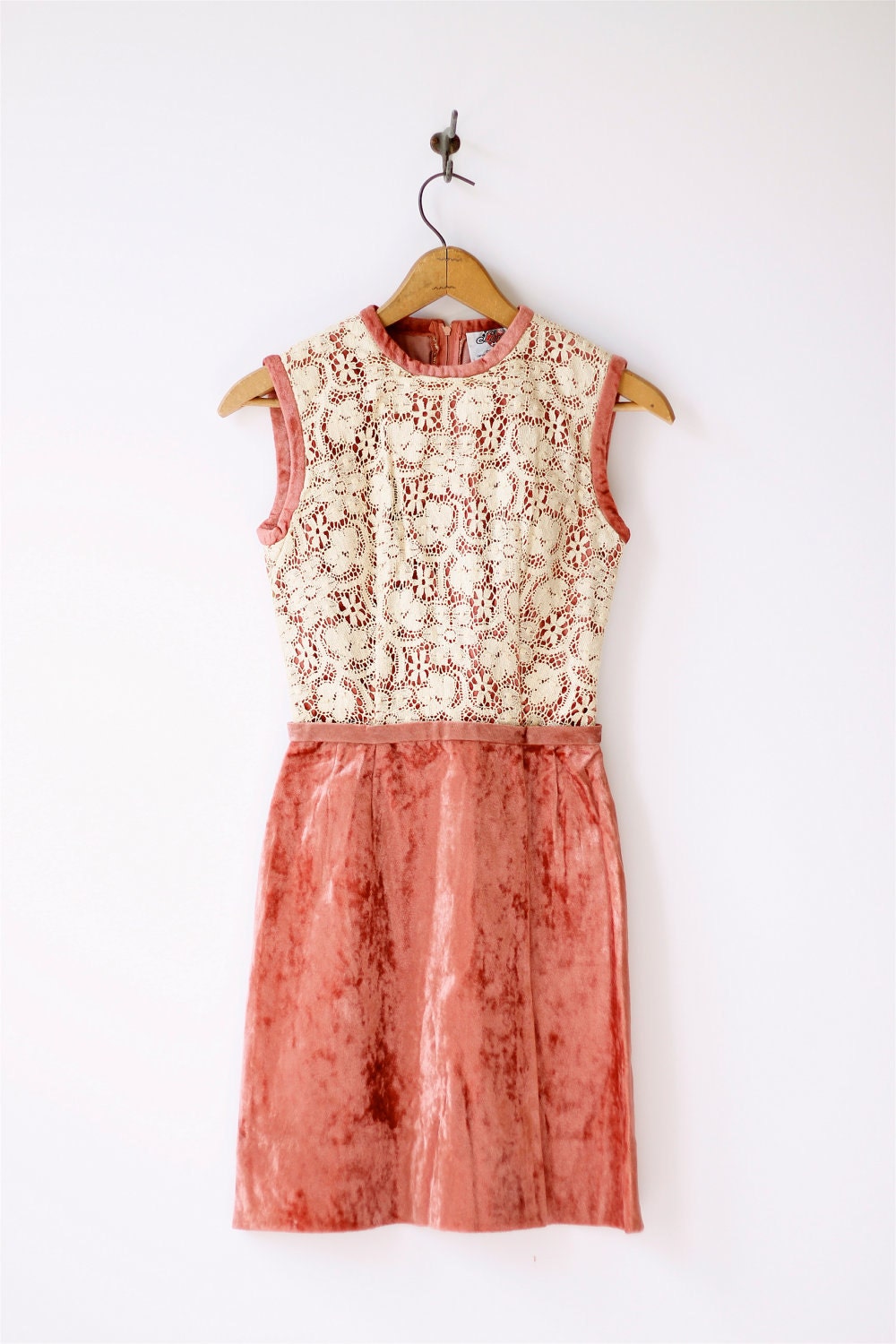 1960s vintage cream lace and mauve velvet mini dress