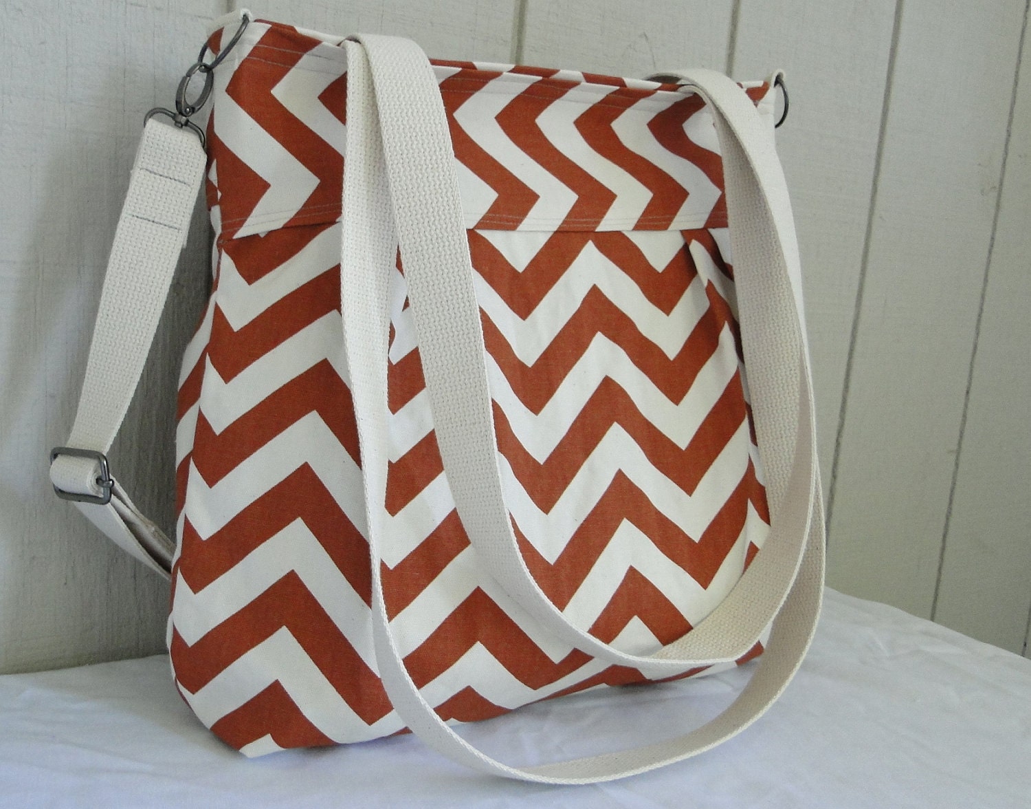 Pleated Shoulder Bag - Diaper Bag - Travel Bag - Village Rust and White Chevron - Large - Zipper, adjustable strap, tote handles