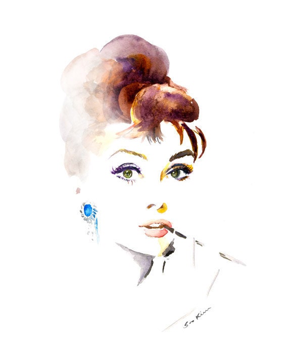 Watercolor painting -  Audrey Hepburn - 9x12 print
