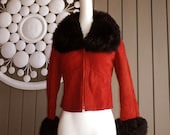 Vintage 70s 1970s Princess Coat RED Suede Leather Shearling Jacket Lamb Black Fur Collar Cuffs Black Mod Almost Famous Hippie Hippy