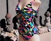 Vintage 80s 1980s Swimsuit NEON Colors One Piece Tank Style Mod Geometric Punk New Wave Print Large 12 Fluorescent DayGlo Day Glo