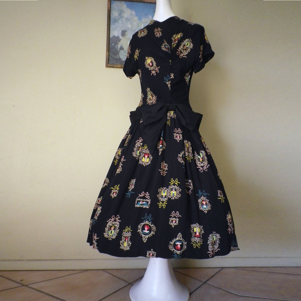 Vintage 1940s Rayon Dress Black Fancy Print Drop Waist Big Bow