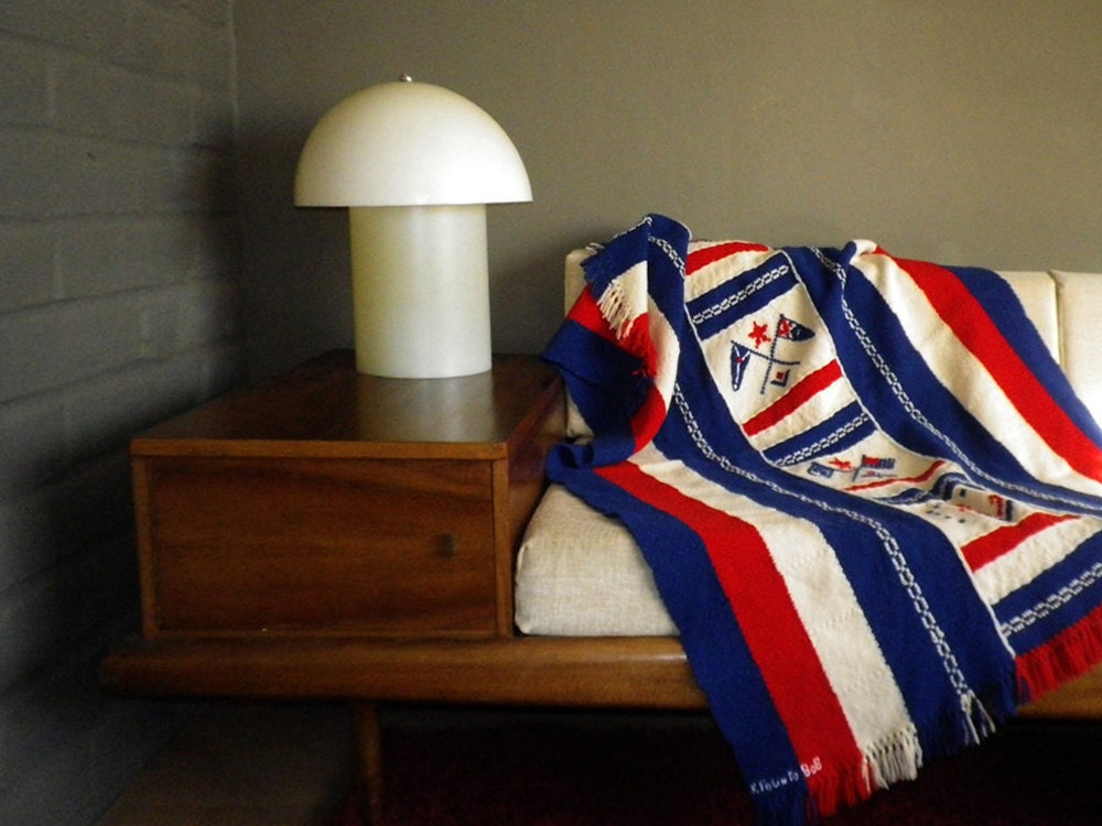 Patriotic Vintage Nautical Blanket Afghan Throw Red White Blue Handmade Woven Wool Navy Anchor Flag Sailing Boat Ship Sailboats
