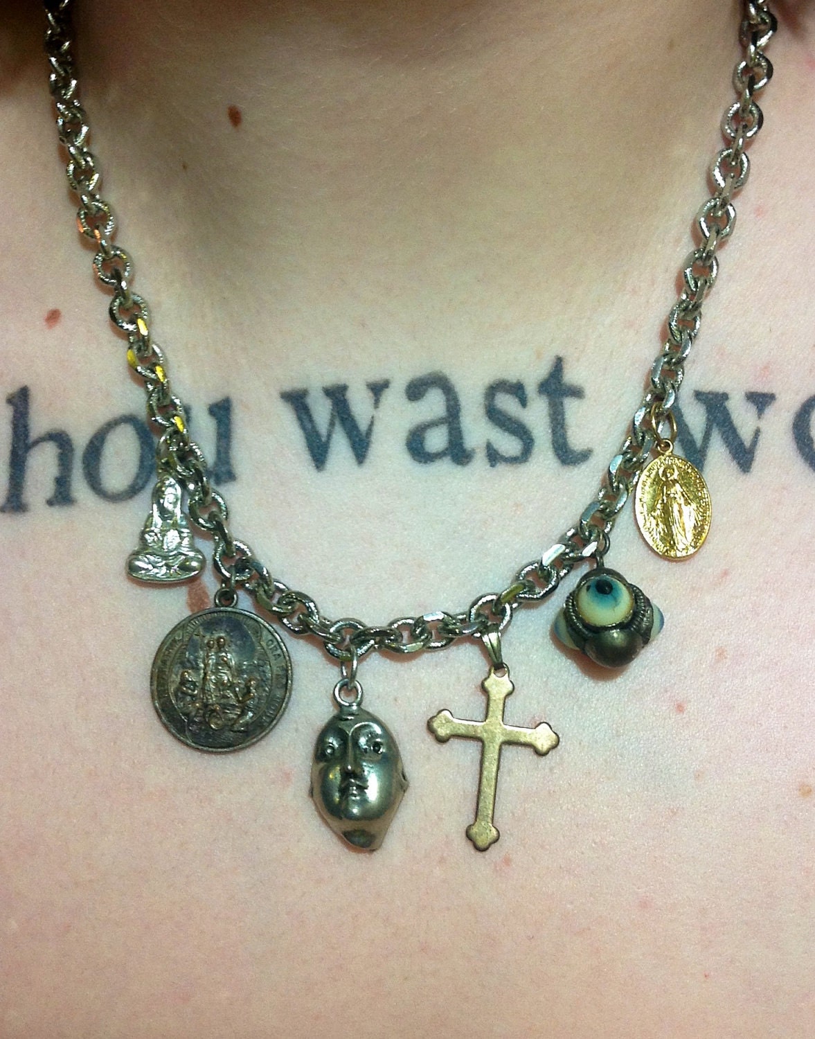 Wunderkammer necklace - religious icons, evil eye, face charm necklace