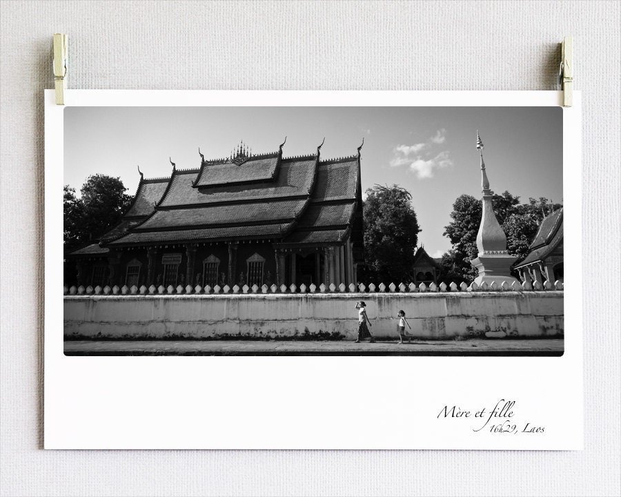 Black and White Photography Panoramic  / Print 5x7 (13x19 cm) / LAOS / Mother and daughter / Luang Prabang / Fine art Photo / Artwork
