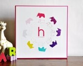 Eames Elephant Monogram Name Print 10x10 wood mounted mid century modern nursery wall art . magenta teal children decor