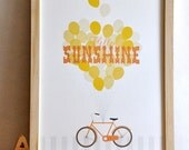 Hello Sunshine Typography Bicycle Print retro modern orange nursery wall art print . 12x16 children decor