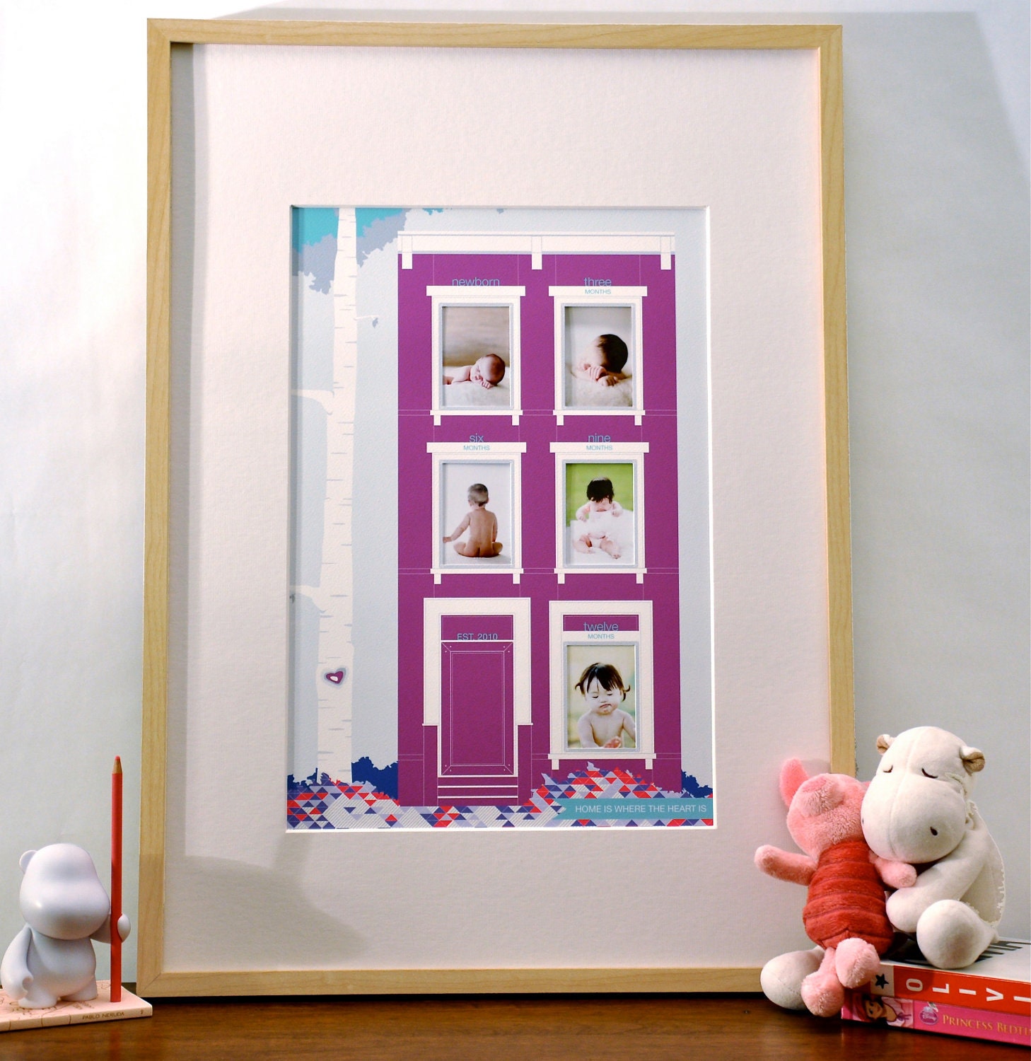 Little Brownstone Home is Where the Heart Is // Baby's First Year modern nursery art print & photo mat // magenta teal children decor