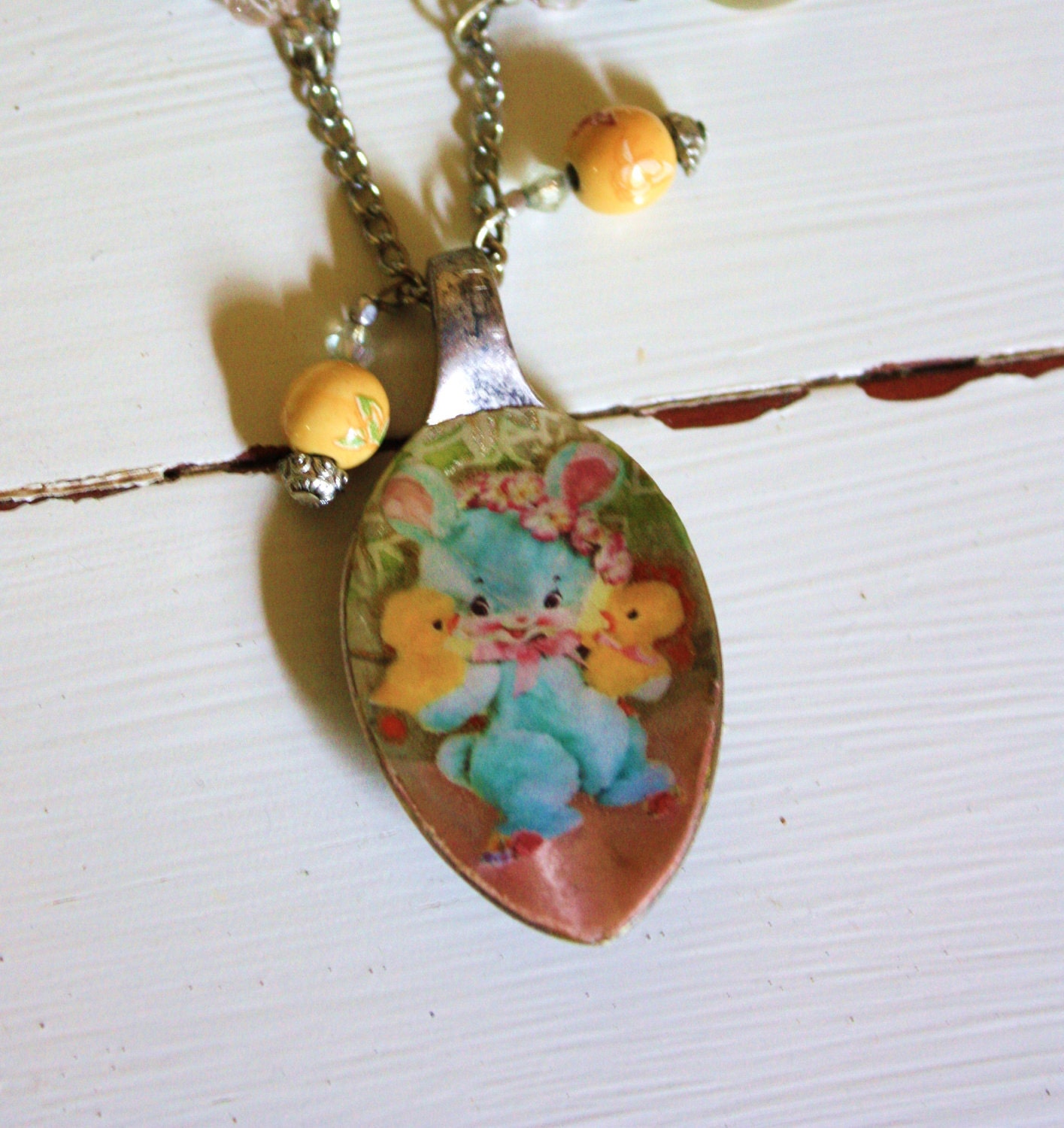 BUNNY DUCKY THREESOME Vintage childrens Image floating in Resin. Recycled upcycled eco teaspoon Beaded Necklace