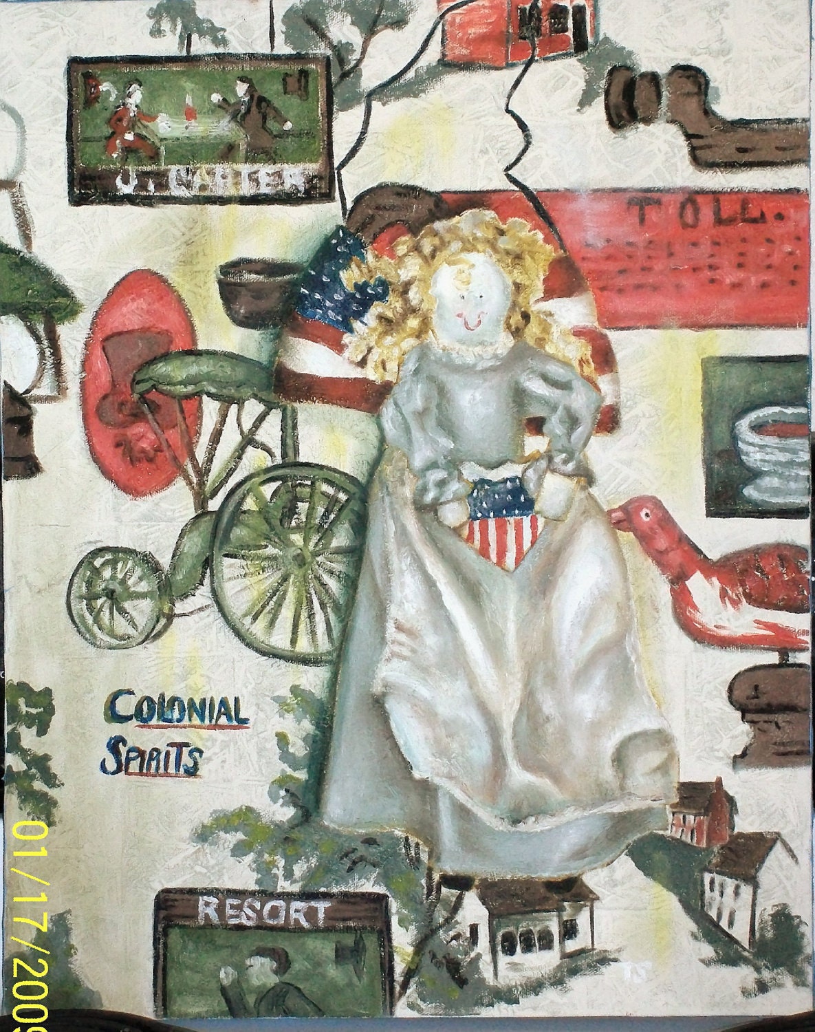 Folk Art Doll Painting, Patriotic, US Flag