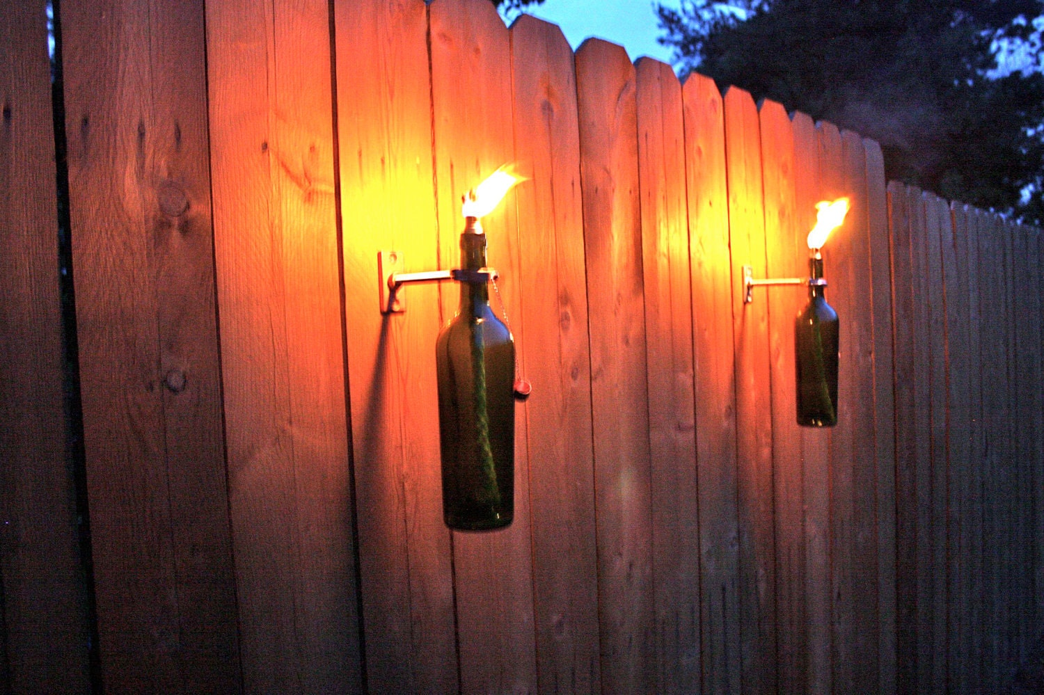 3 Green Wine Bottle Tiki Torches - Outdoor Lighting - Fathers Day Gift - Hurricane Lamp - Patio Lantern - Copper Lighting