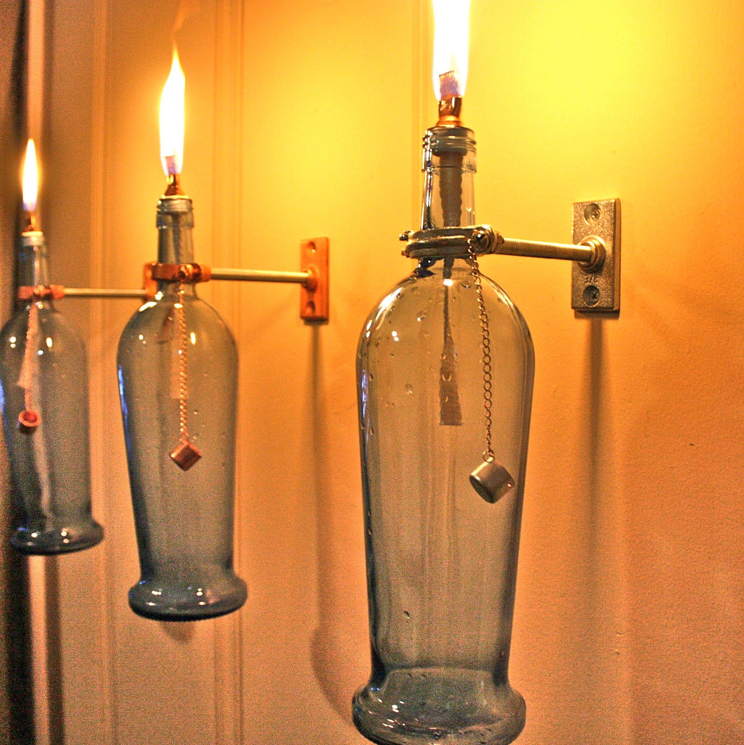 Blue Wine Bottle Oil Lamp - INDOOR - Modern Lighting - Hurricane Lantern - Wall Light