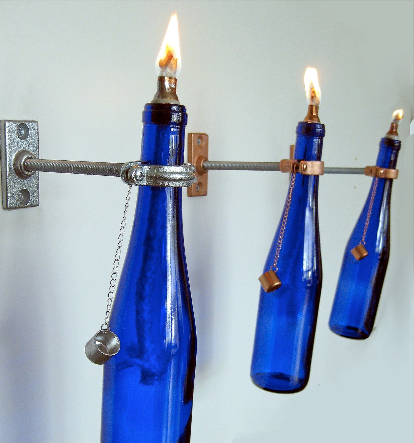 3 Blue Wine Bottle Oil Lamp - INDOOR - Copper Lighting - Hanging Lantern - Cobalt Blue Lighting - Fire -Wine bottle Lamp