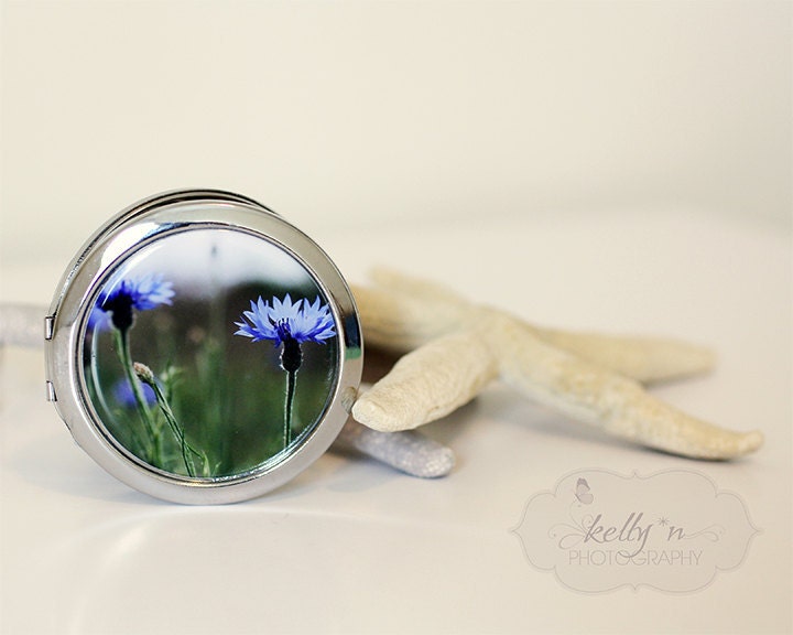 Photo Mirror Compact- "Cornflower Days", Blue Cornflower or Bachelor Button Flower Photograph, 3" Double Sided Mirror- Engravable Gift Item