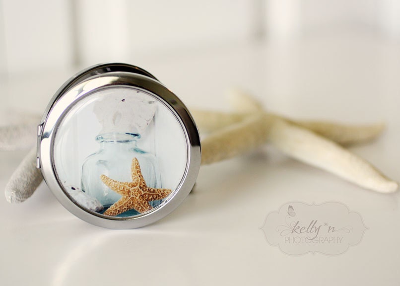 Photo Mirror Compact- "Sea Mantle", Ocean Treasures Photograph, Starfish, Seashells, 3" Double Sided Mirror- Engravable Gift Item