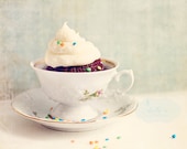 Cup of Cake- Red Velvet Cupcake- Vintage Teacup- Blues and Creams- Still Life- Sweets- Dessert- 8x10 Fine Art Print