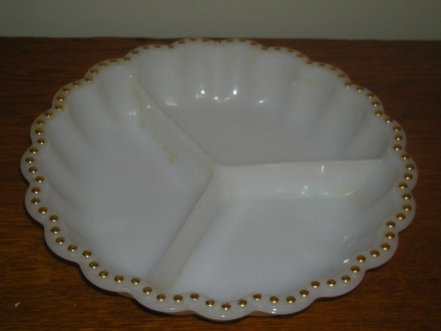 Vintage Scalloped Milk Glass Dish with Gold Trim