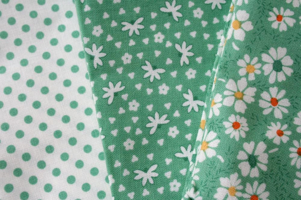 Timeless Treasures 1930s collection by Karen Snyder cotton fabric, Green Fat Quarter Trio