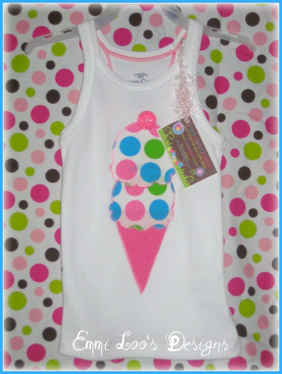 READY TO SHIP Size 4-5 (xs) Tank Top - Polka Dot Double Scoop Ice Cream Cone With a Cherry On Top