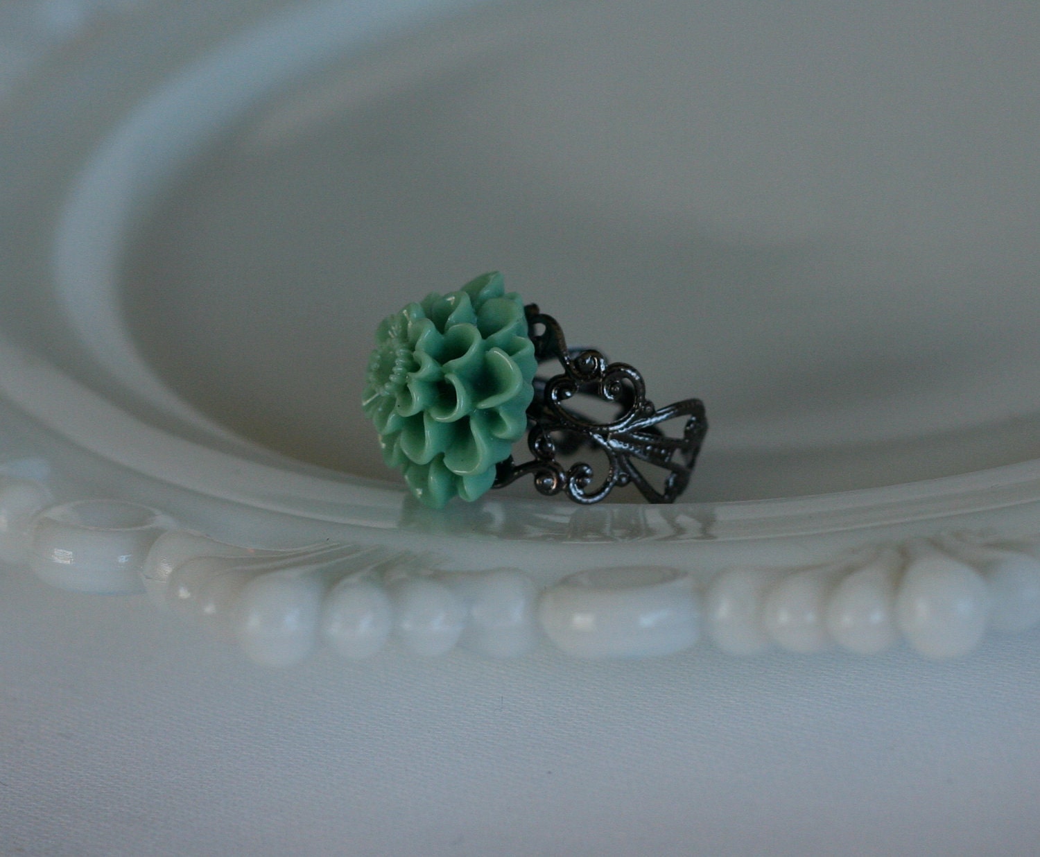 Muted Teal Mum Filigree Ring -- Antique SIlver