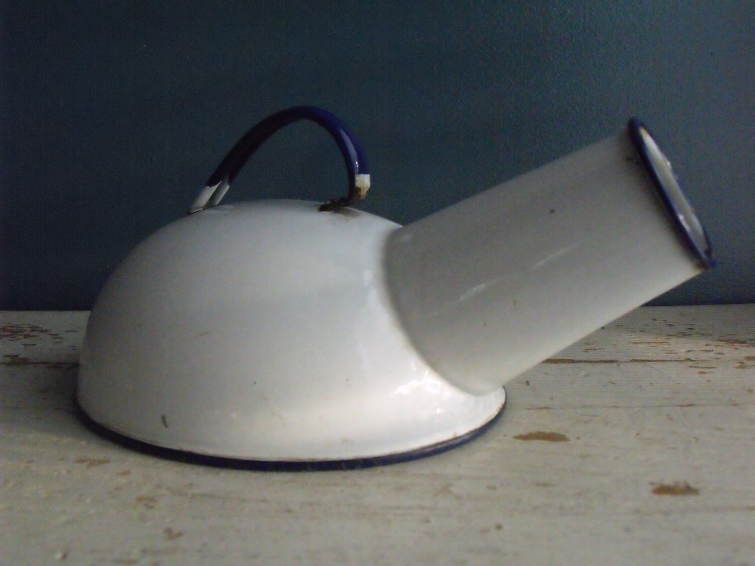 Vintage Enamelware Urinal Male White Cobalt Blue Trim by KTsAttic