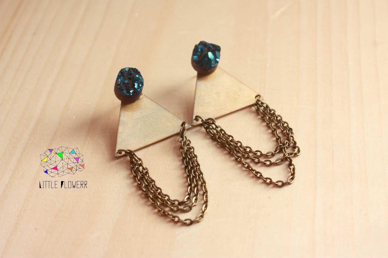 Blue Druzy Geometric Triangle Earrings