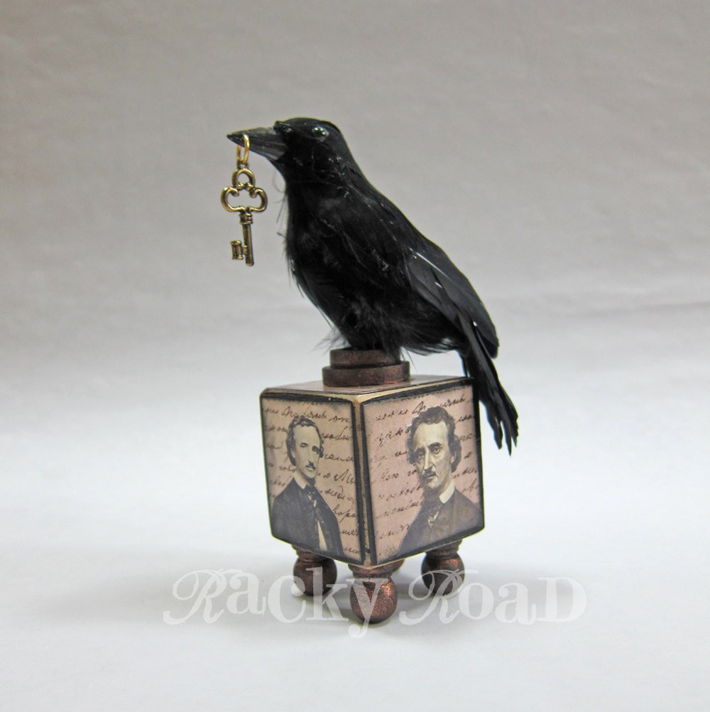 Raven Halloween Decoration Perched on Edgar Allen Poe Block