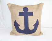 Anchor's Away  -  Square Anchor Burlap Pillow Case in Navy