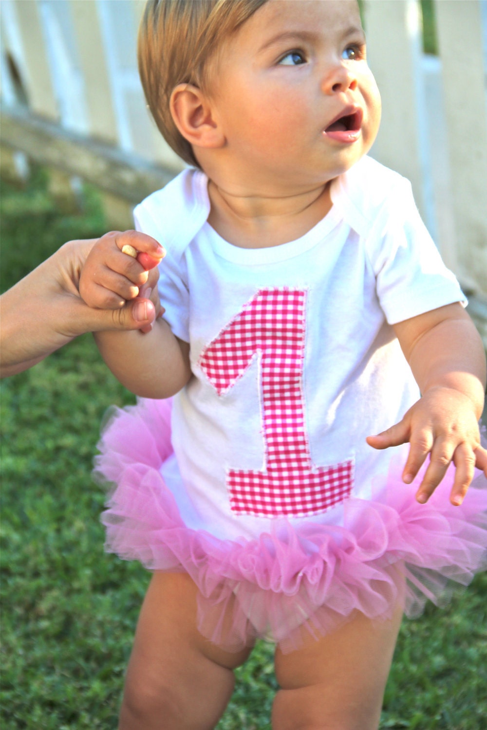 1st Birthday Onesie with Pink Gingham and Rose Pink Tutu