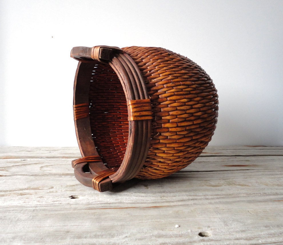 Handwoven Reed Asian Basket with Wooden Handles