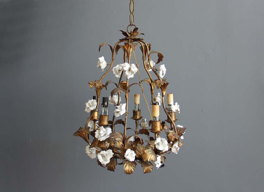 Large Antique Rose & Gold Leaf Chandelier