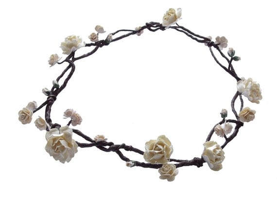 Boho Floral Crown Circlet Hair Vine with ivory flowers roses - Beach Pagan Wedding