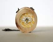 honey bee spring fashion necklace- hand painted bee necklace- honey comb wooden necklace - iamabird