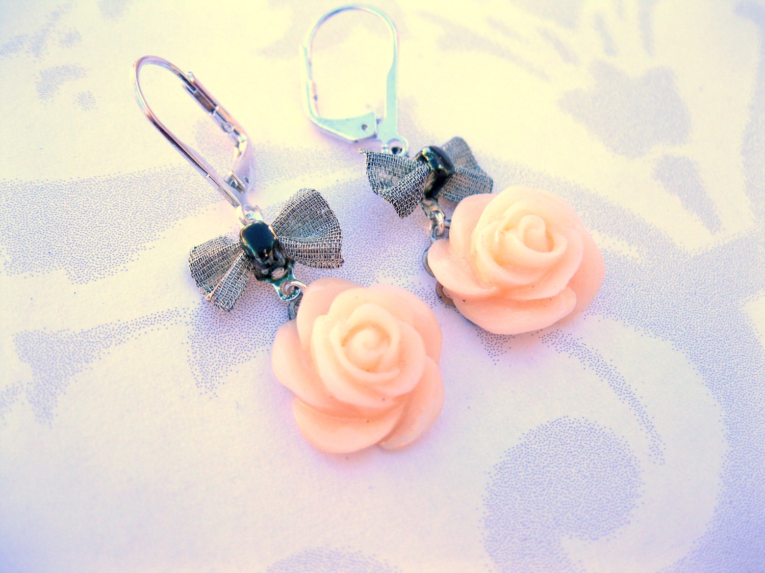 Earrings Dangle Handmade Jewelry Baby Pink Rose Flower Handmade earrings Dangle Earrings - Black Tie