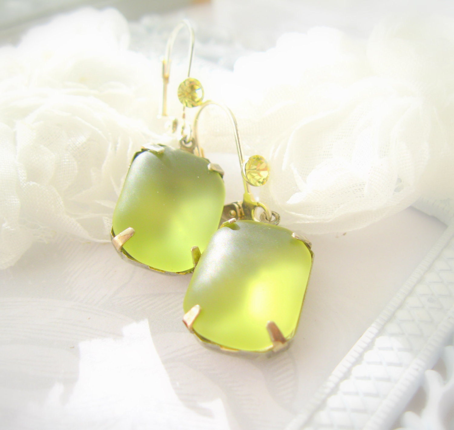 Earrings Dangle Earrings Handmade Jewelry vintage rhinestone Peridot and pear green silver rhinestones Handmade
