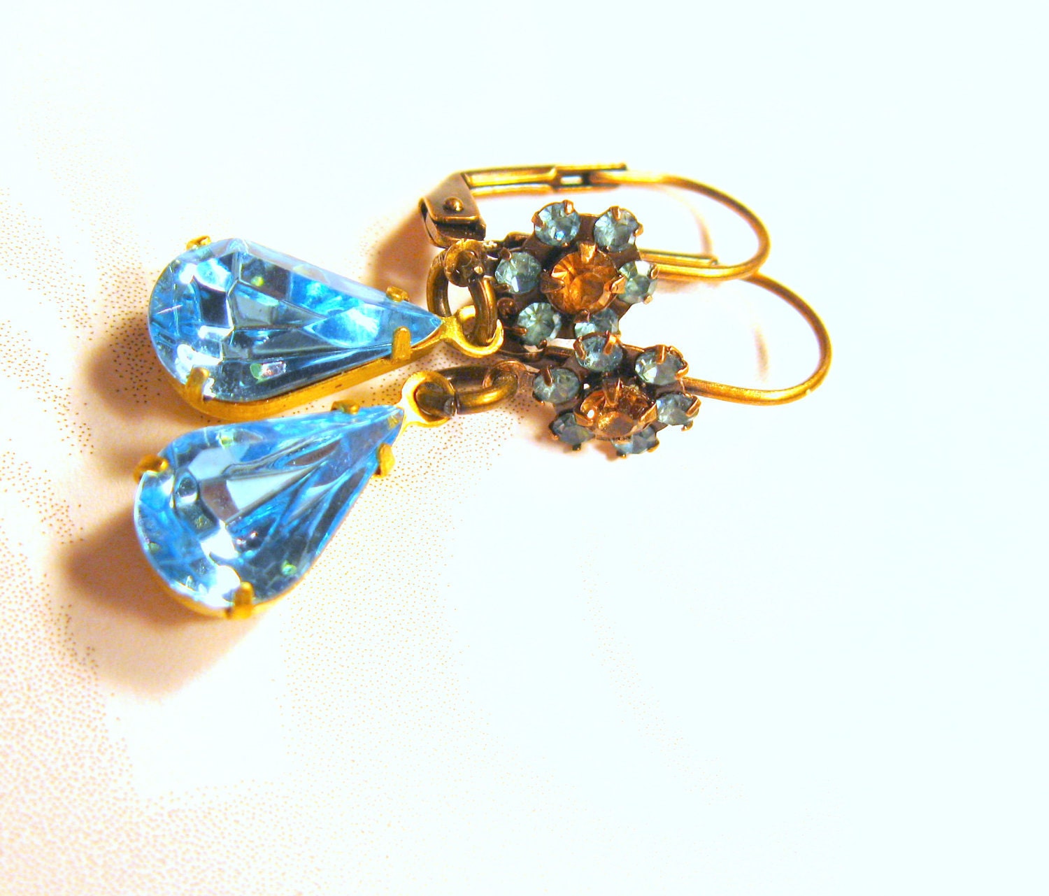 Earrings Vintage Dangle Earrings Handmade Jewelry Crystal Flower earrings topaz SPRING SKY crystal Dangle Handmade earrings gold