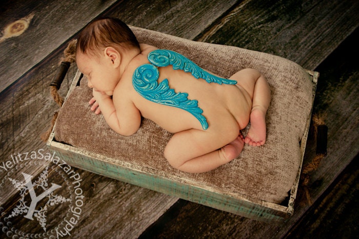 Little Angel Wings - VINTAGE BLUE - Wood Carved - Photography Prop