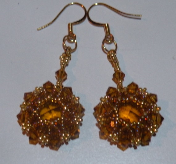 Amber, Topaz and Gold Octagon Crystal Earrings