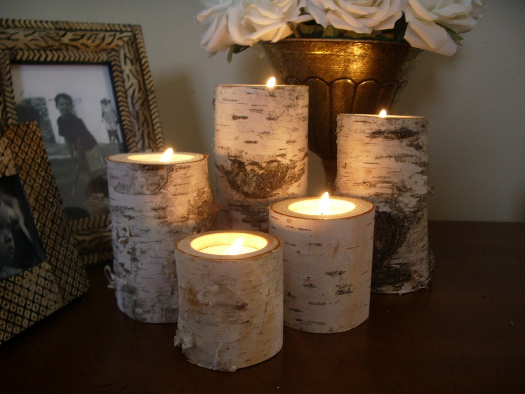 75 Birch bark log Candle holders tea lights 15 sets of 5