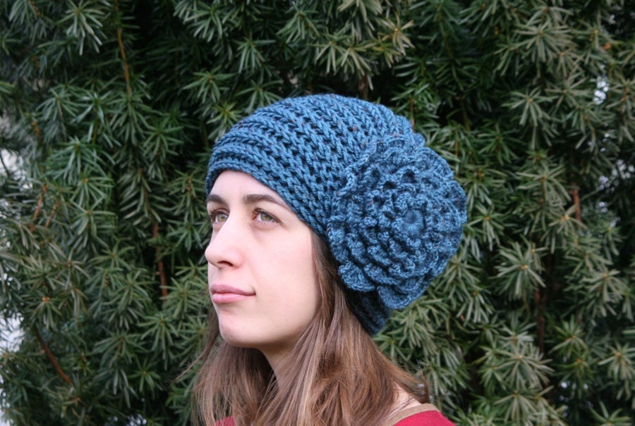 Knit Hat with a Big Flower in Petrol Tweed - Fall Winter Fashion - Women and Teens Accessories - Christmas Gift For Her