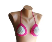 Crochet Cotton Bikini Swimsuit in Fuchsia and Beige - Spring Summer Fashion - Women Teens Accessories