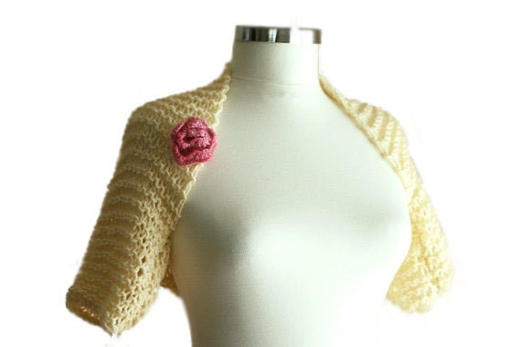 Bride Bolero in Ivory - Knit Shrug in Creme with Pink Flower  - Chic Elegant Womens Sweater - Spring Fashion - Wedding Accessories