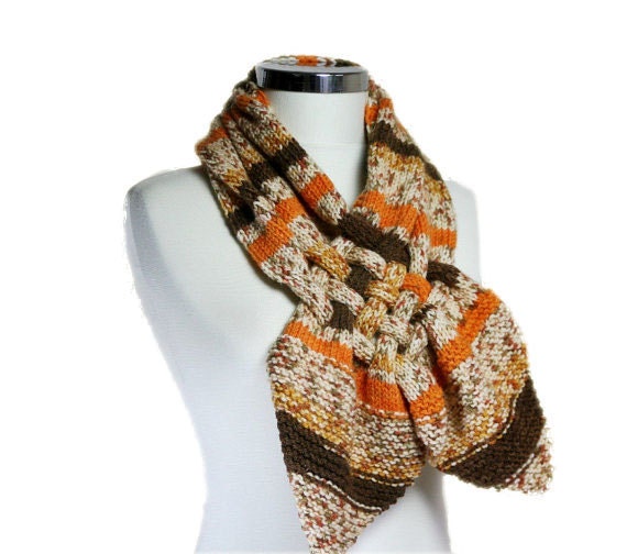 Striped Scarf Braided in Brown, Orange and  Beige - Neck Warmer in Brown, Orange, Beige, Women Teens Accessories - Fall Winter Fashion
