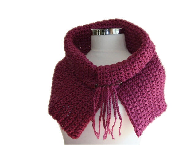 Capelet Scarf in Raspberry with Fringed Metal Pin - Women Accessories - Fall Winter Fashion - Wrap - Shawl