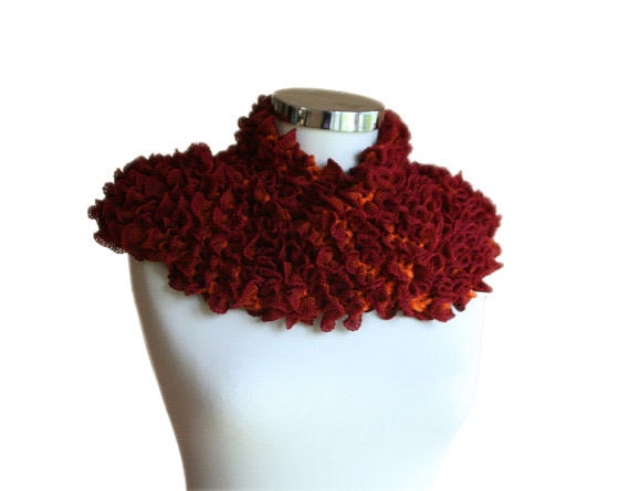 Frizzy Knit Scarf in Burgundy and Orange - Ruffle Fashion - Women and Teens Accessories - Spring Fall Winter