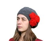 Valentine's Grey Hat with Red Roses - Gray Beanie With Flowers - Fall Winter Fashion - Women Teens Accessories