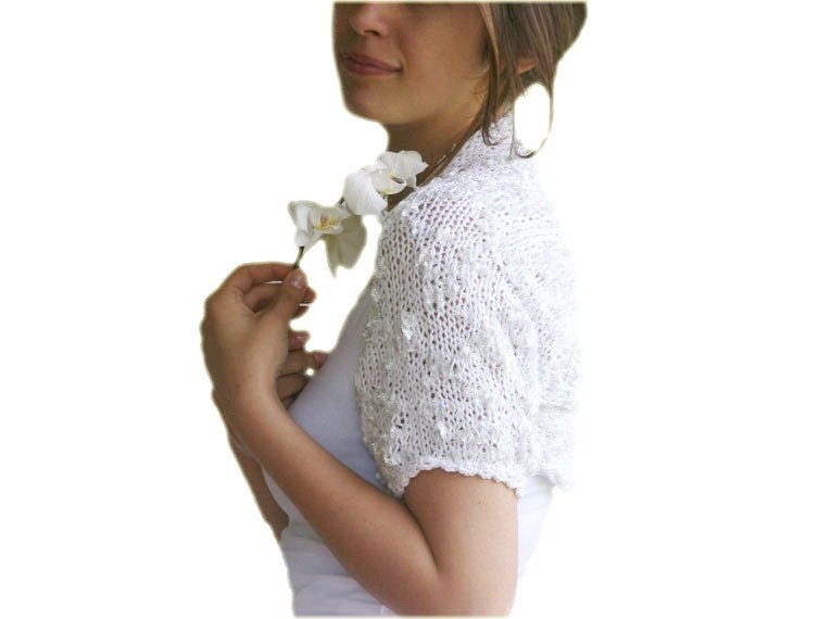 Bride Bolero in White and Metallic Grey - Knit Cotton Shrug - Chic Elegant Womens Sweater - Spring Summer Fashion - Wedding Accessories