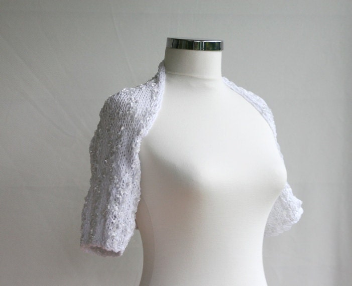 Bride Bolero in White and Metallic Grey - Knit Cotton Shrug - Chic Elegant Womens Sweater - Spring Summer Fashion - Wedding Accessories
