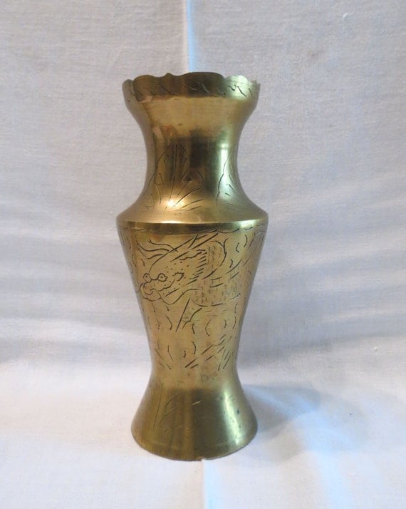 Vintage Brass Vase With Engraved Dragon by KansasKardsStudio