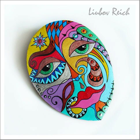 Hand Painted Leather Brooch Pin Colorful Mask "Ravvino"